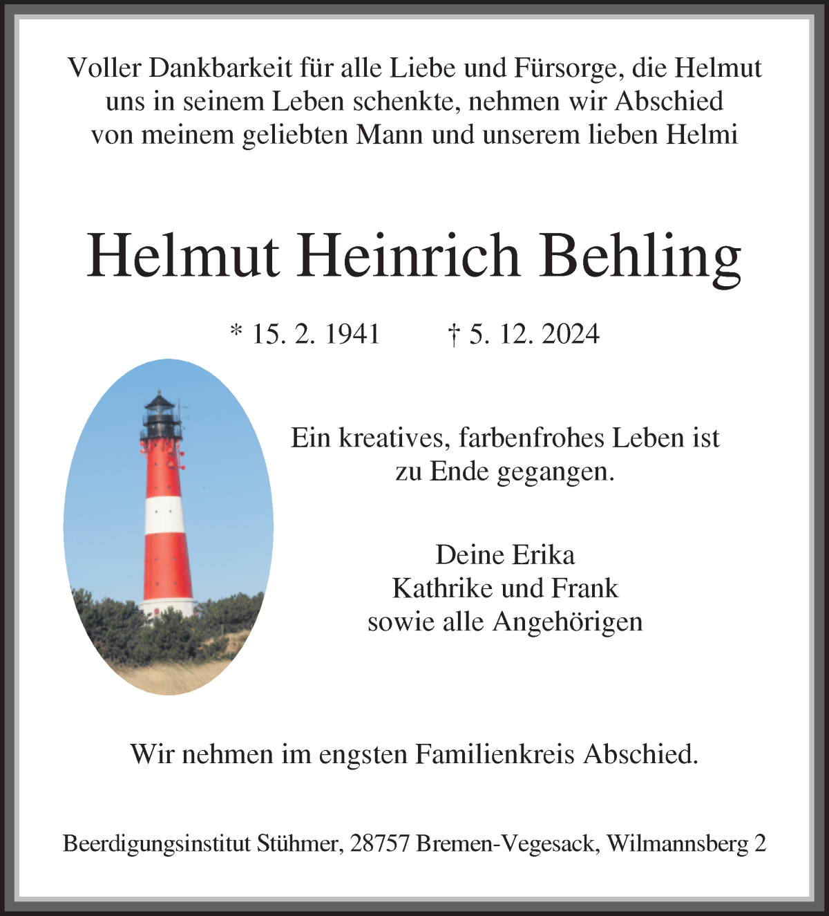 Traueranzeige von Helmut Heinrich Behling von Die Norddeutsche