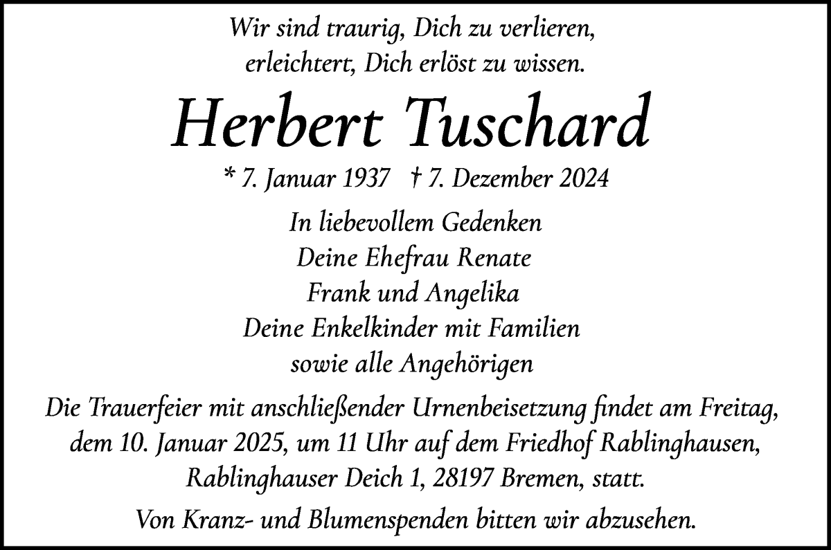 Traueranzeige von Herbert Tuschard von WESER-KURIER