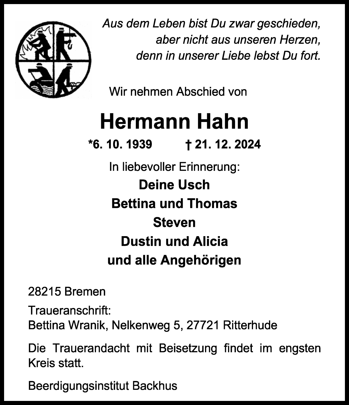 Traueranzeige von Hermann Hahn von WESER-KURIER