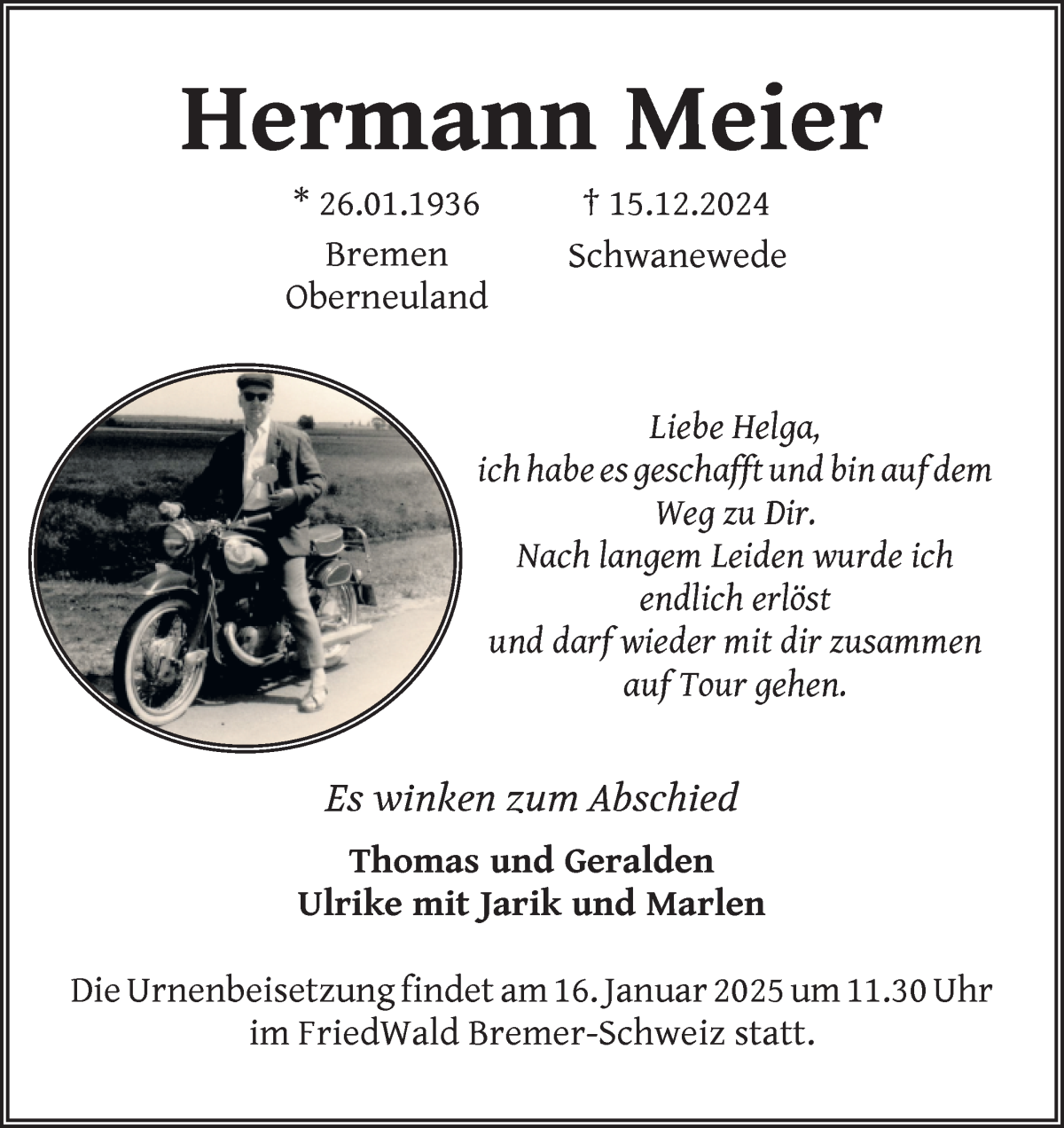 Traueranzeige von Hermann Meier von WESER-KURIER