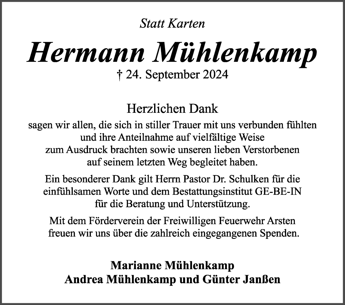 Traueranzeige von Hermann Mühlenkamp von WESER-KURIER