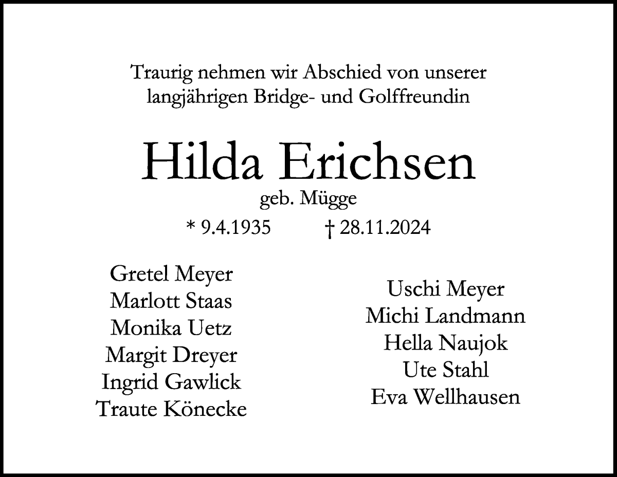 Traueranzeige von Hilda Erichsen von WESER-KURIER