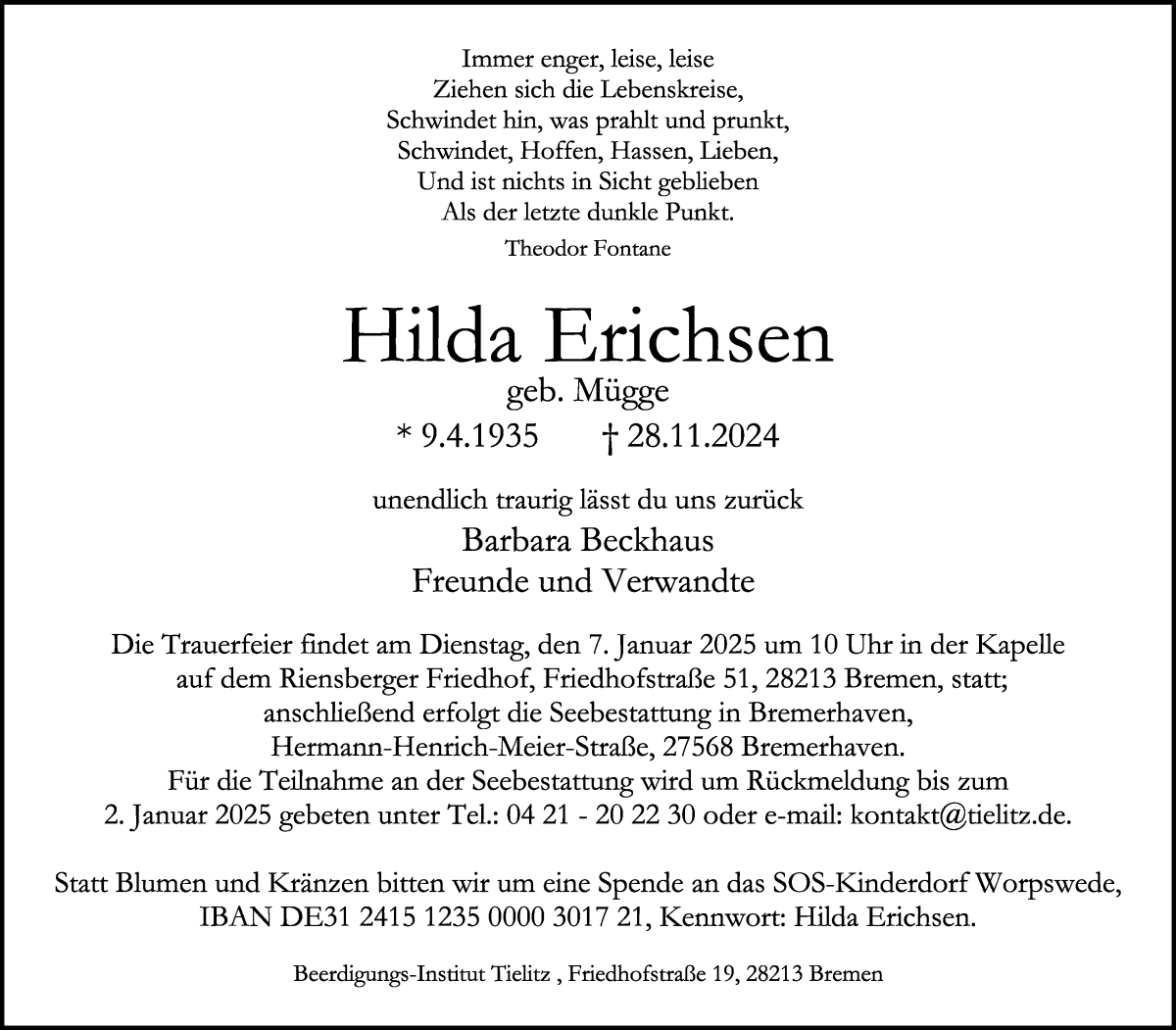 Traueranzeige von Hilda Erichsen von WESER-KURIER