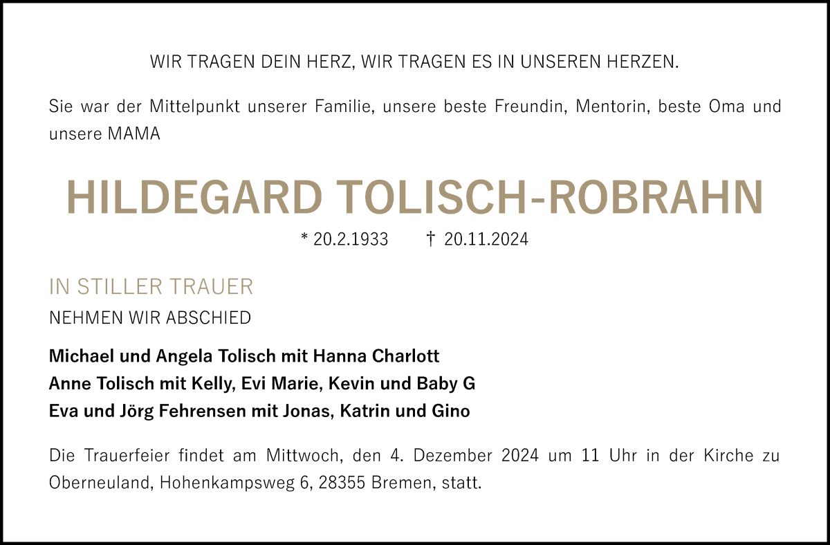 Traueranzeige von Hildegard Tolisch-Robrahn von WESER-KURIER