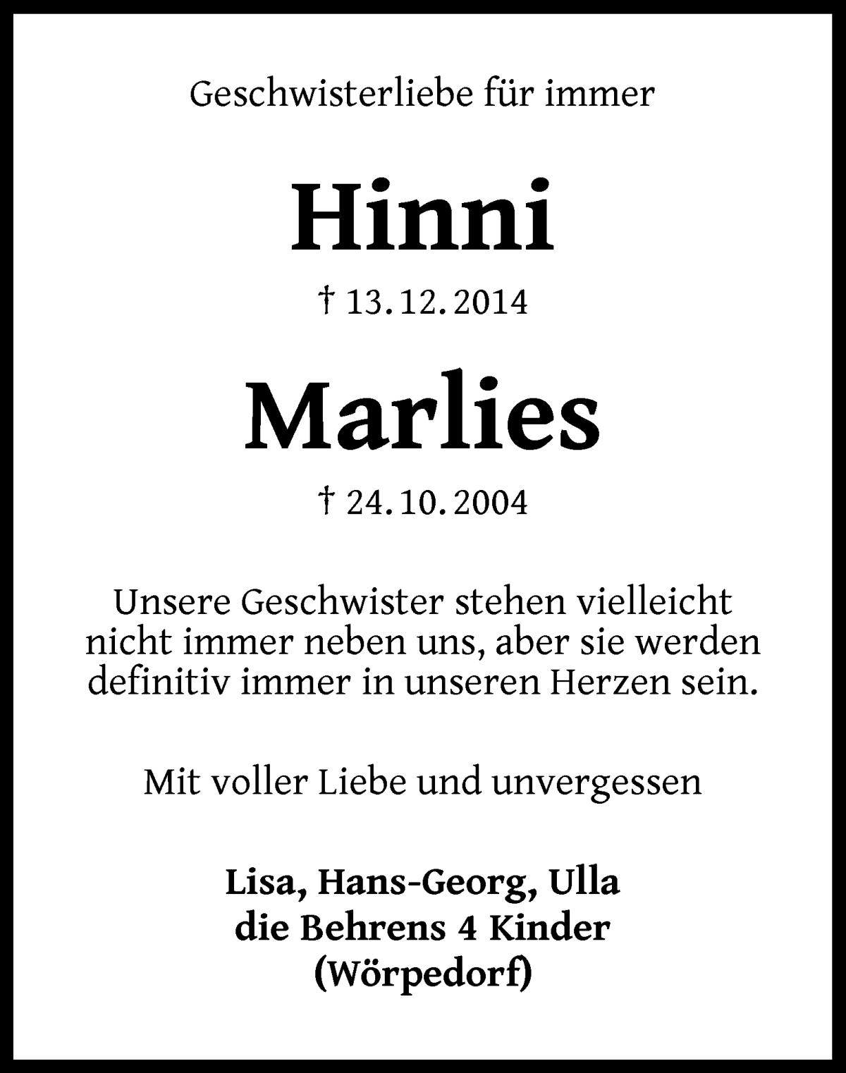 Traueranzeige von Hinni und Marlies  von WESER-KURIER