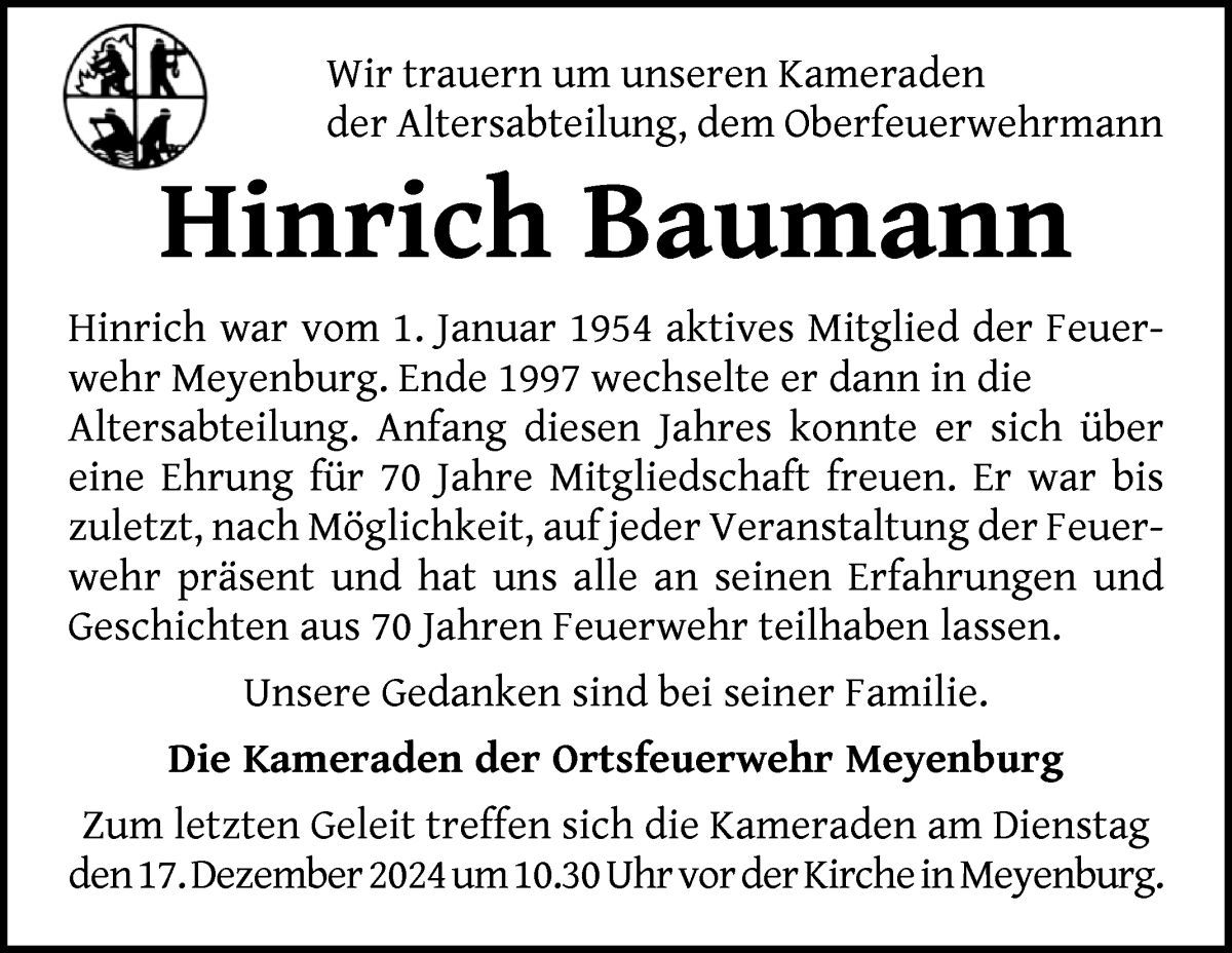 Traueranzeige von Hinrich Baumann von Die Norddeutsche