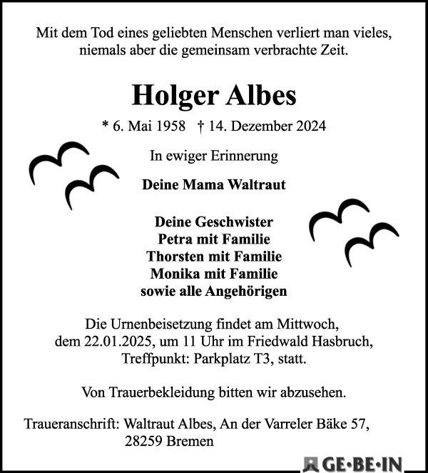 Traueranzeige von Holger Albes von WESER-KURIER