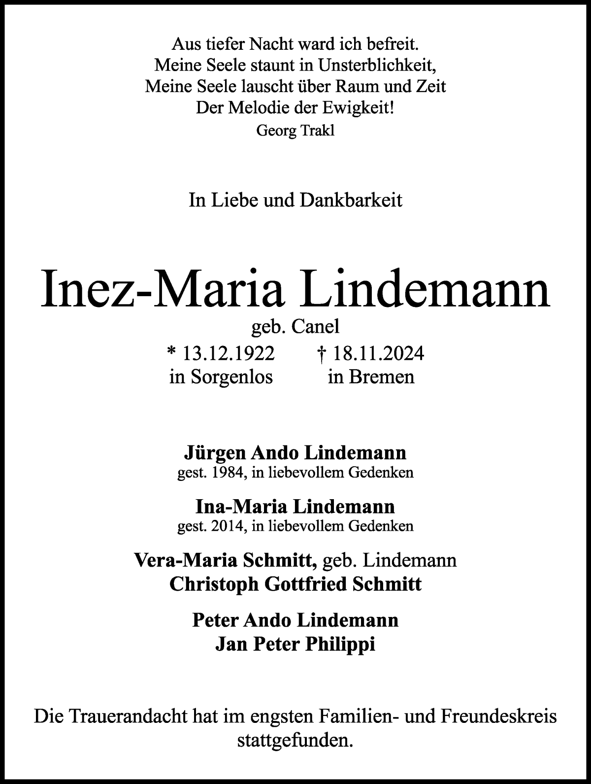 Traueranzeige von Inez-Maria Lindemann von WESER-KURIER