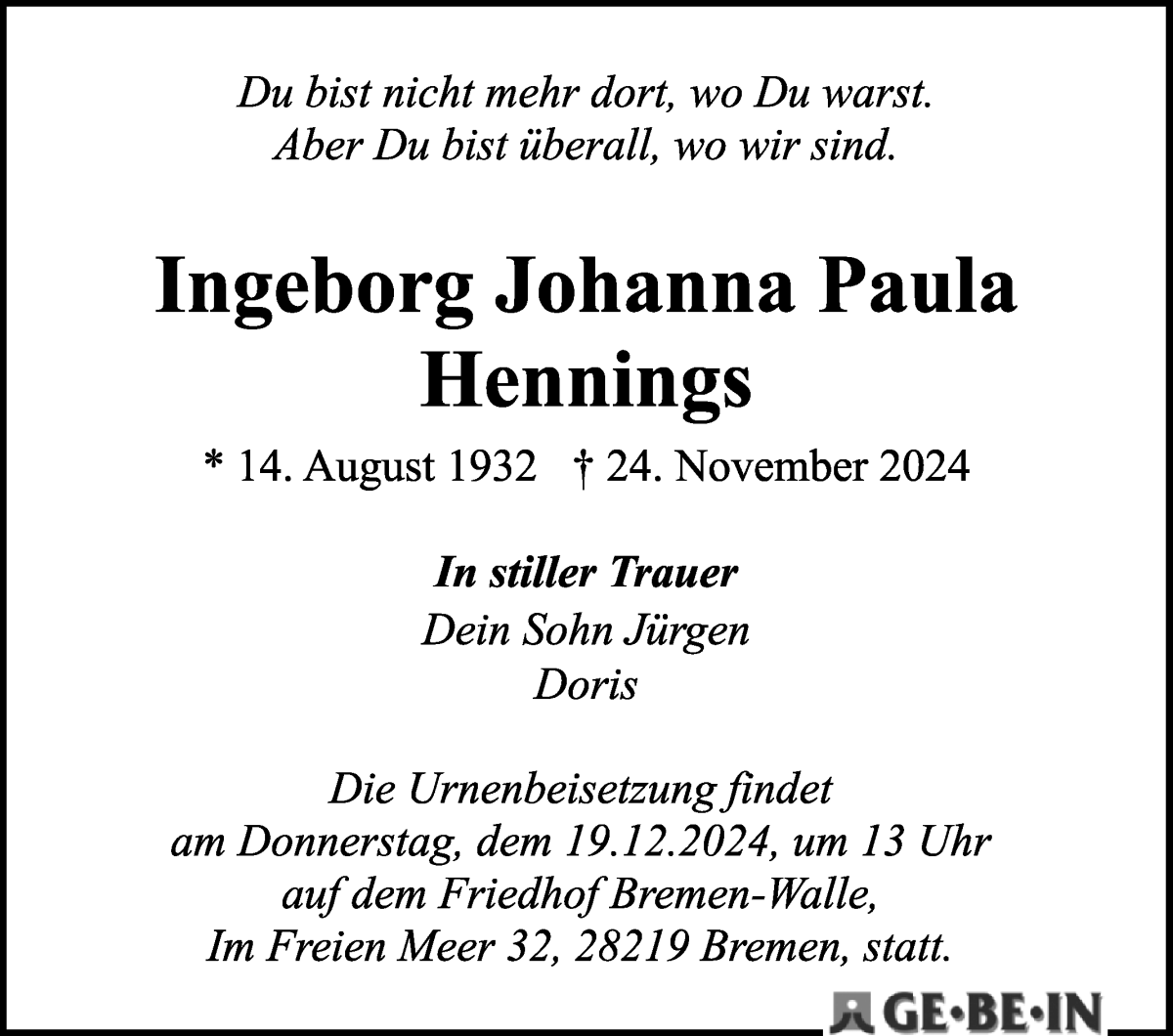 Traueranzeige von Ingeborg Hennings von WESER-KURIER