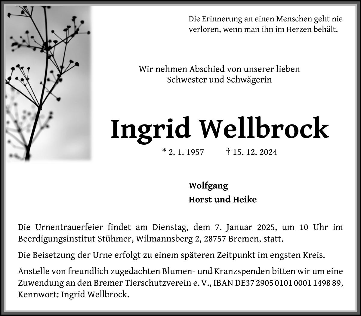 Traueranzeige von Ingrid Wellbrock von Wuemme Zeitung