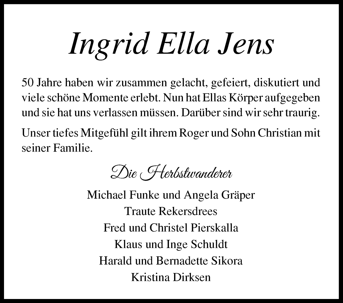 Traueranzeige von Ingrid Ella Jens von WESER-KURIER