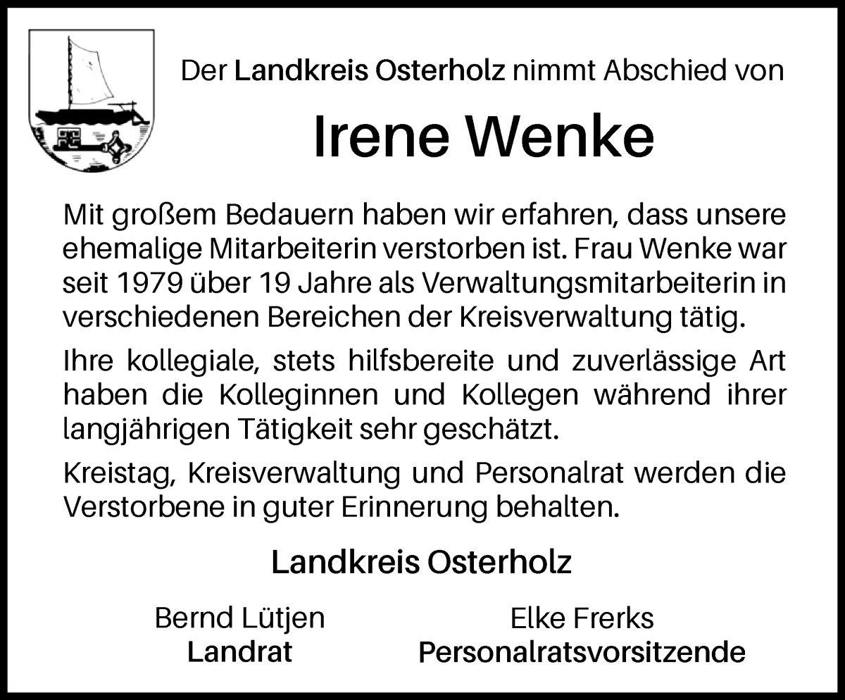 Traueranzeige von Irene Wenke von Osterholzer Kreisblatt