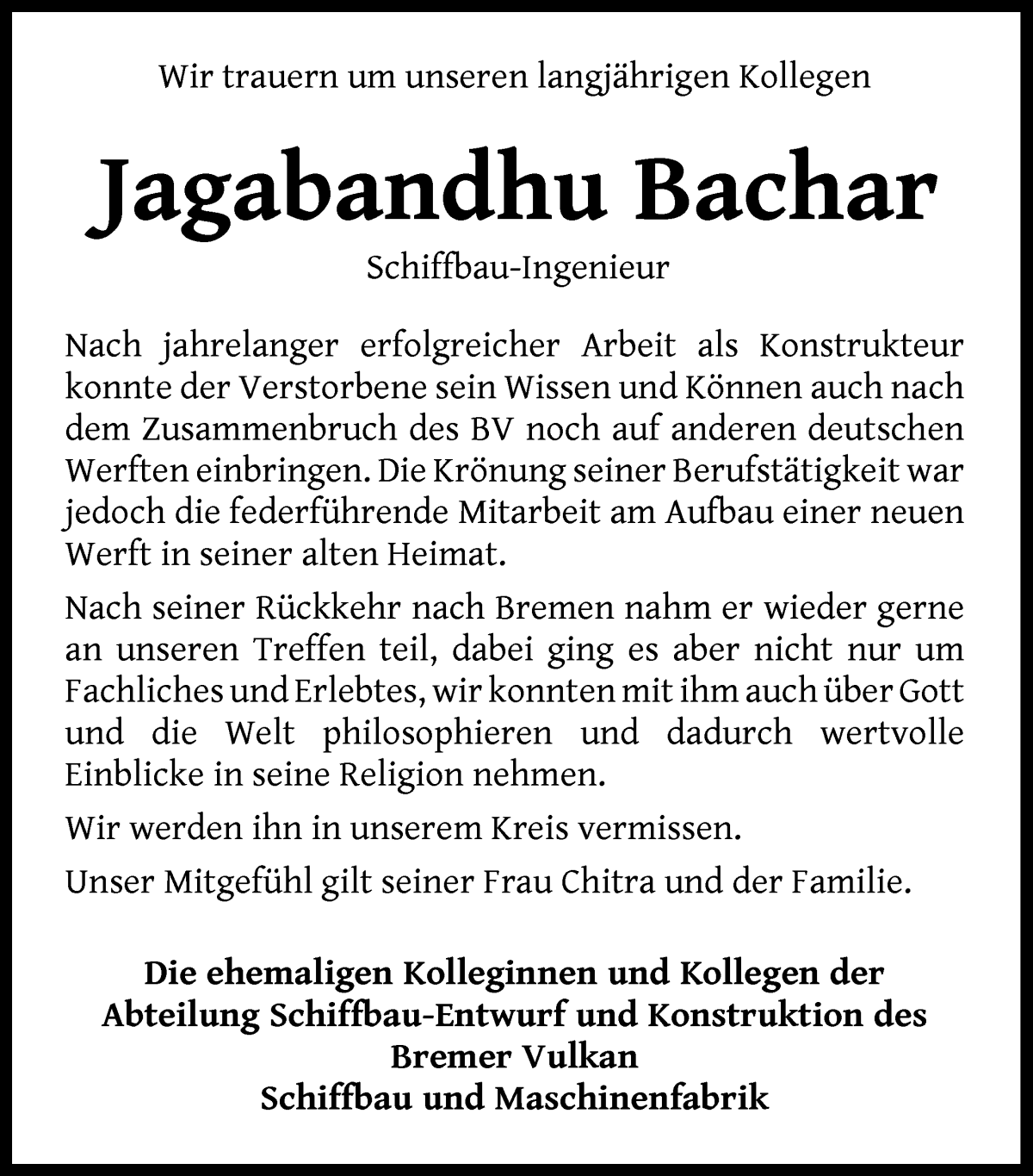 Traueranzeige von Jagabandhu Bachar von Die Norddeutsche