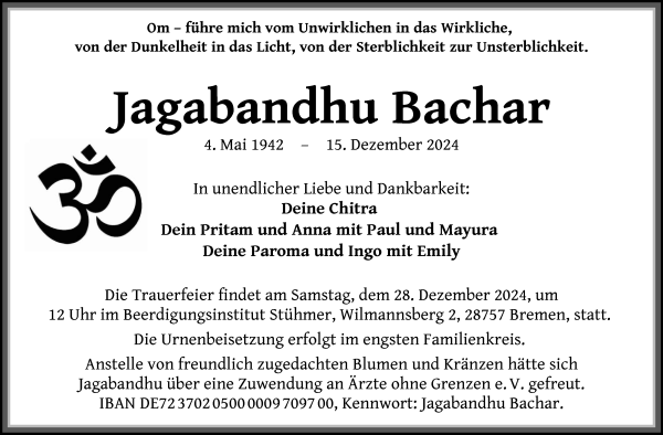 Traueranzeige von Jagabandhu Bachar von WESER-KURIER