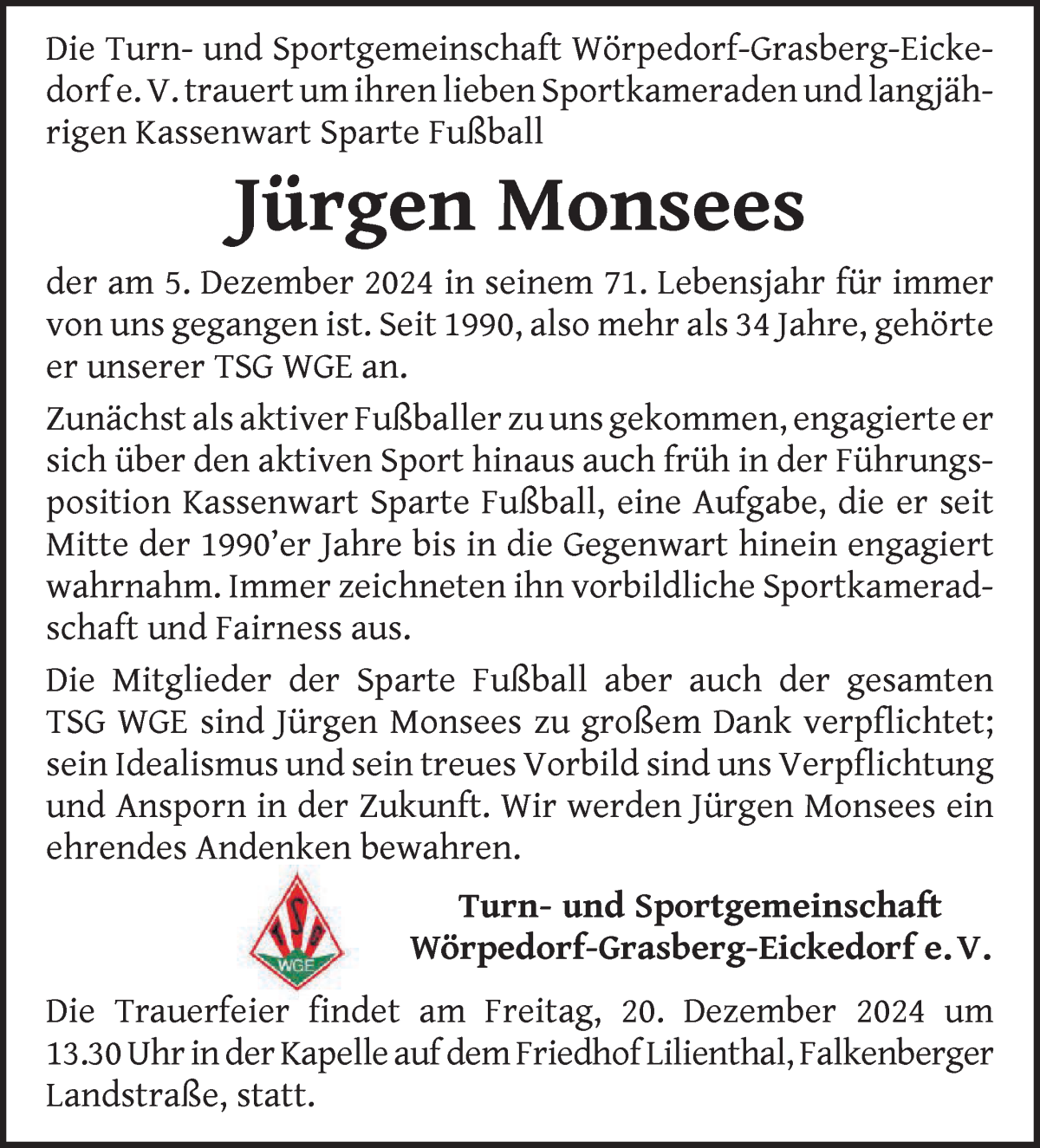 Traueranzeige von Jürgen Monsees von Wuemme Zeitung