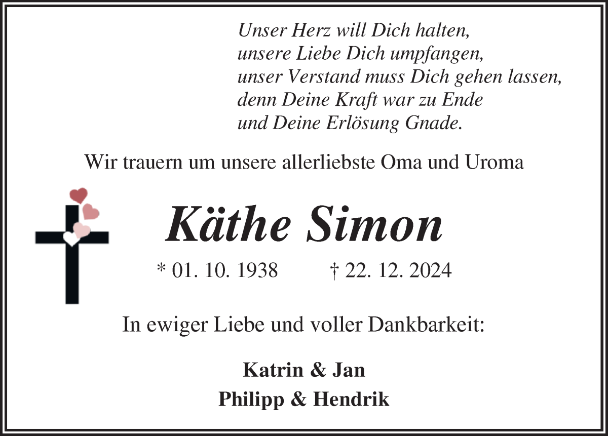 Traueranzeige von Käthe Simon von Osterholzer Kreisblatt