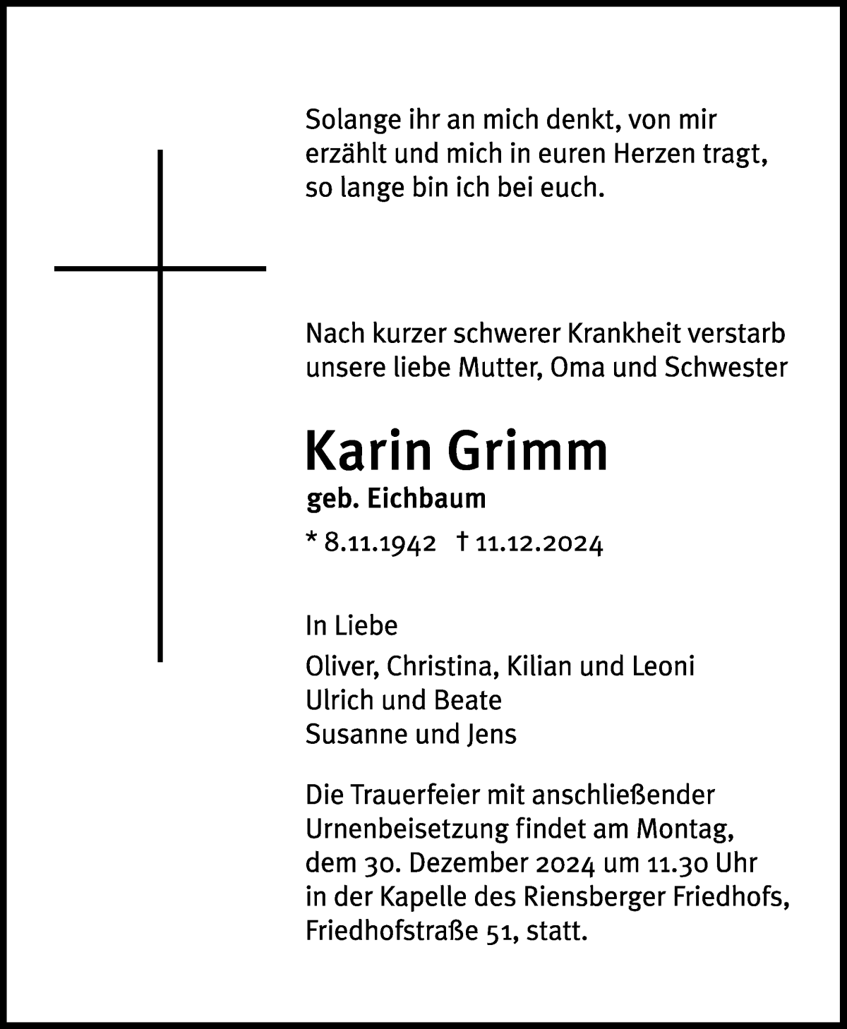 Traueranzeige von Karin Grimm von WESER-KURIER