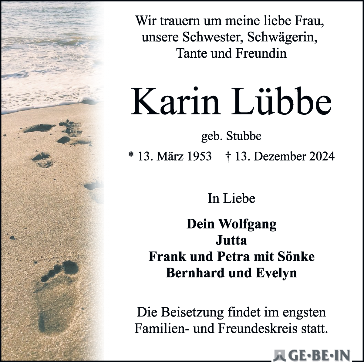 Traueranzeige von Karin Lübbe von WESER-KURIER