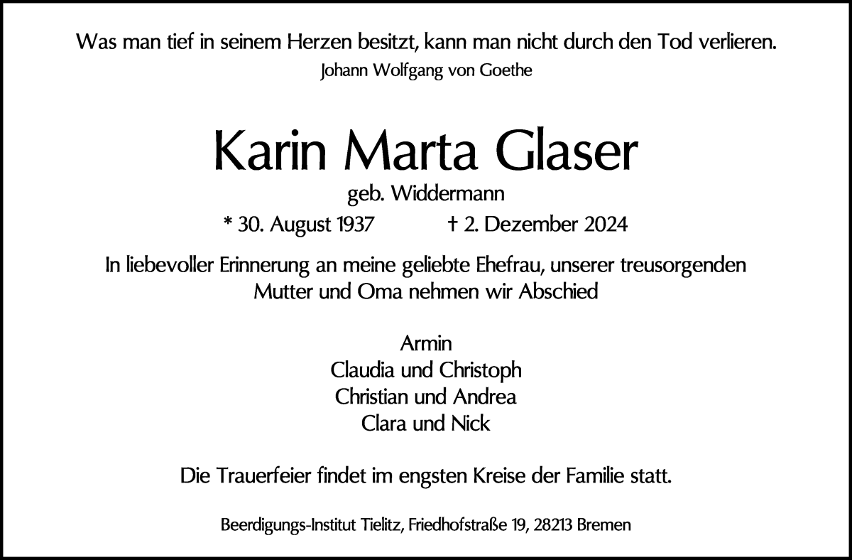 Traueranzeige von Karin Marta Glaser von WESER-KURIER