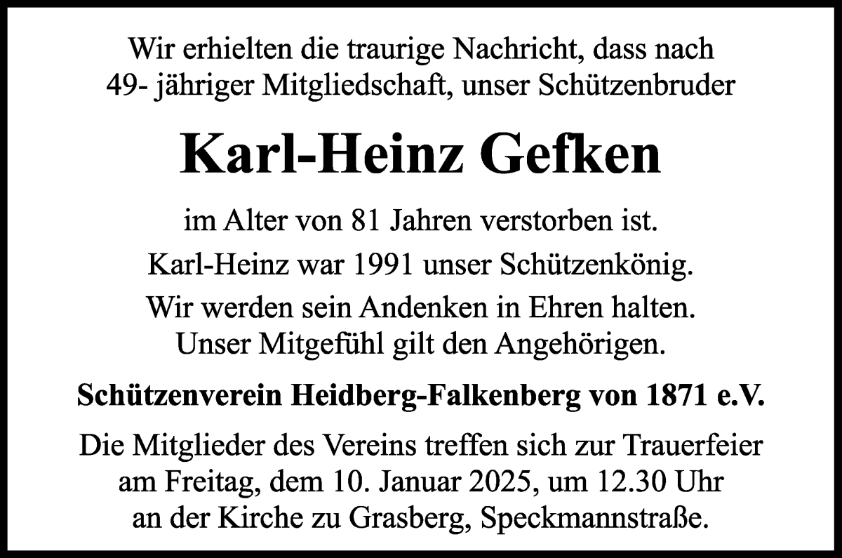 Traueranzeige von Karl-Heinz Gefken von Wuemme Zeitung