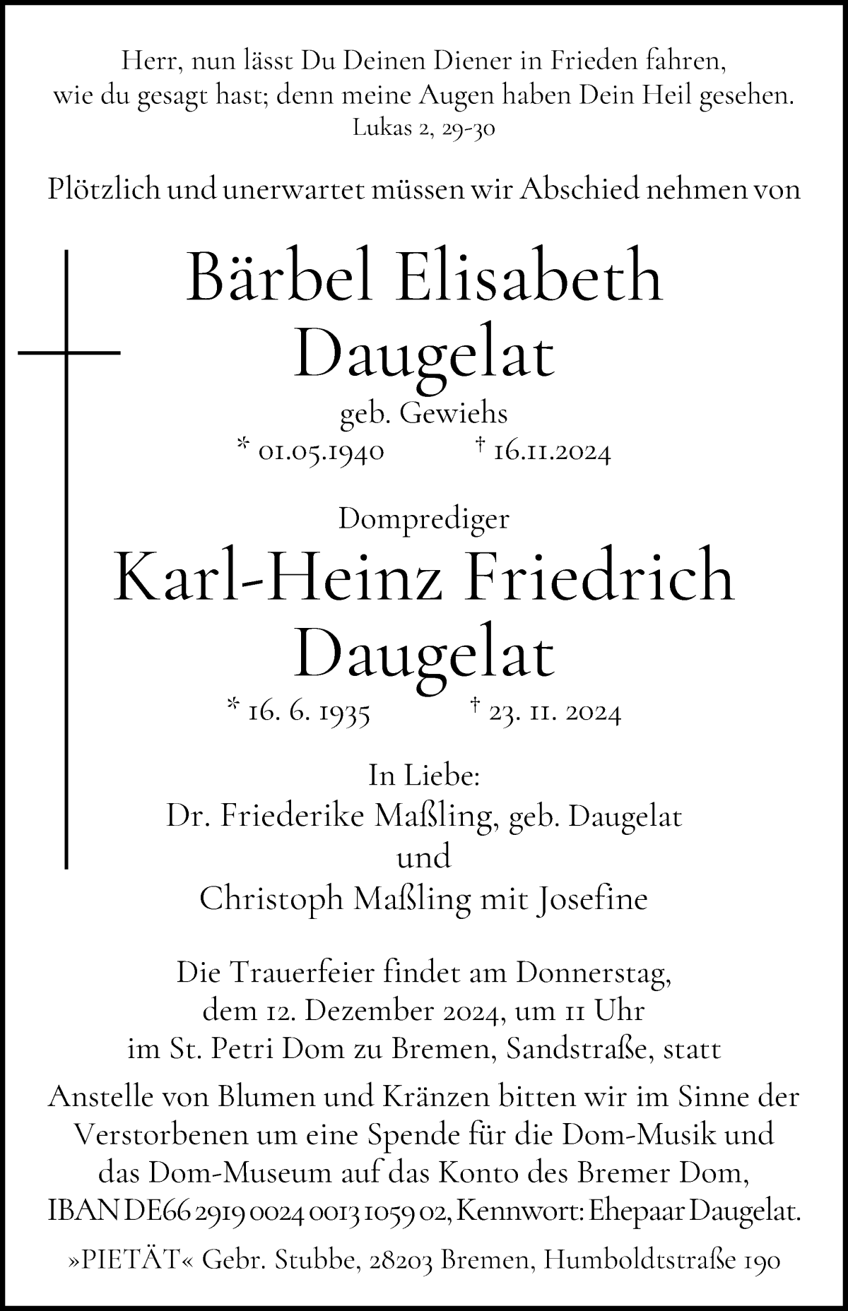 Traueranzeige von Karl-Heinz Friedrich und Bärbel Elisabeth Daugelat von WESER-KURIER
