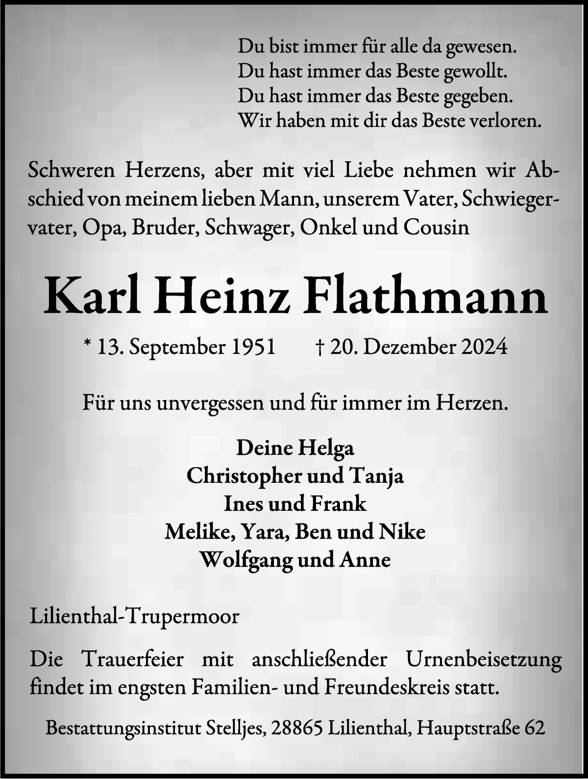 Traueranzeige von Karl Heinz Flathmann von WESER-KURIER