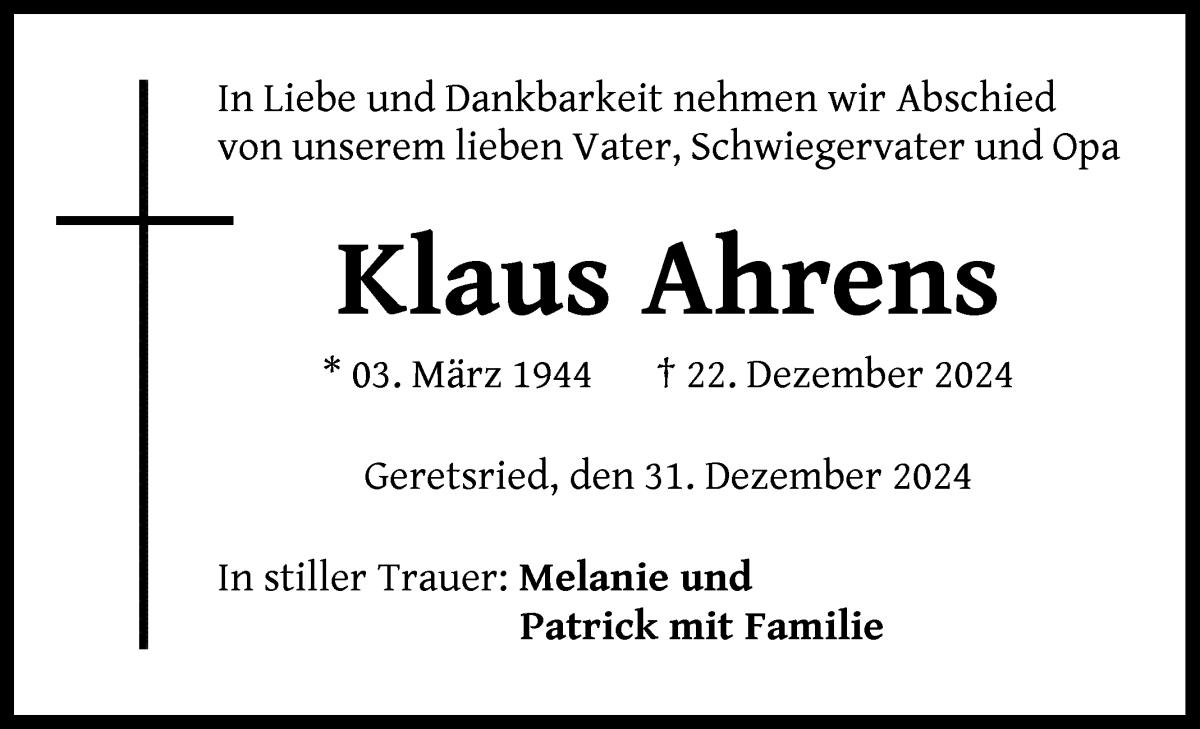 Traueranzeige von Klaus Ahrens von WESER-KURIER