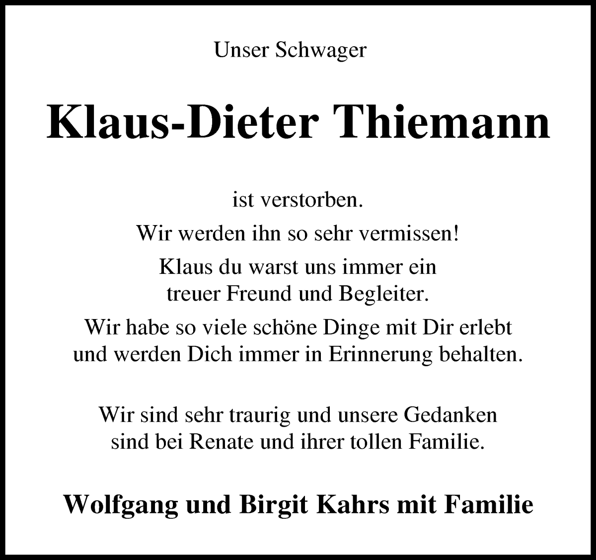 Traueranzeige von Klaus-Dieter Thiemann von Osterholzer Kreisblatt