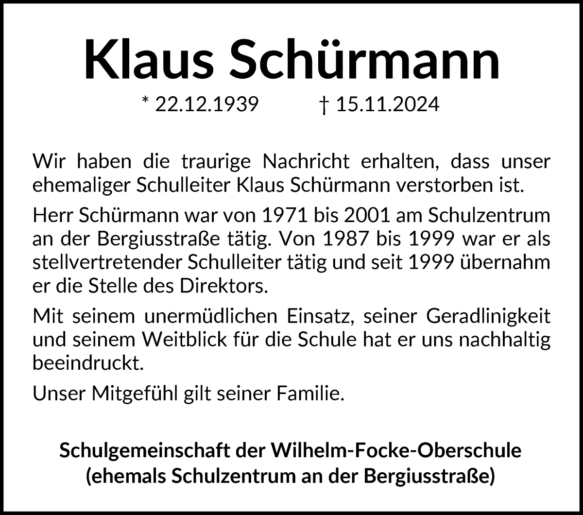 Traueranzeige von Klaus Schürmann von WESER-KURIER