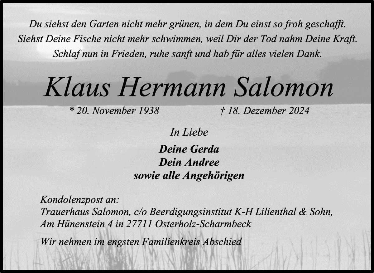 Traueranzeige von Klaus Hermann Salomon von Osterholzer Kreisblatt