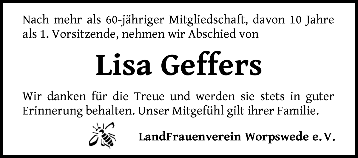 Traueranzeige von Lisa Geffers von Wuemme Zeitung