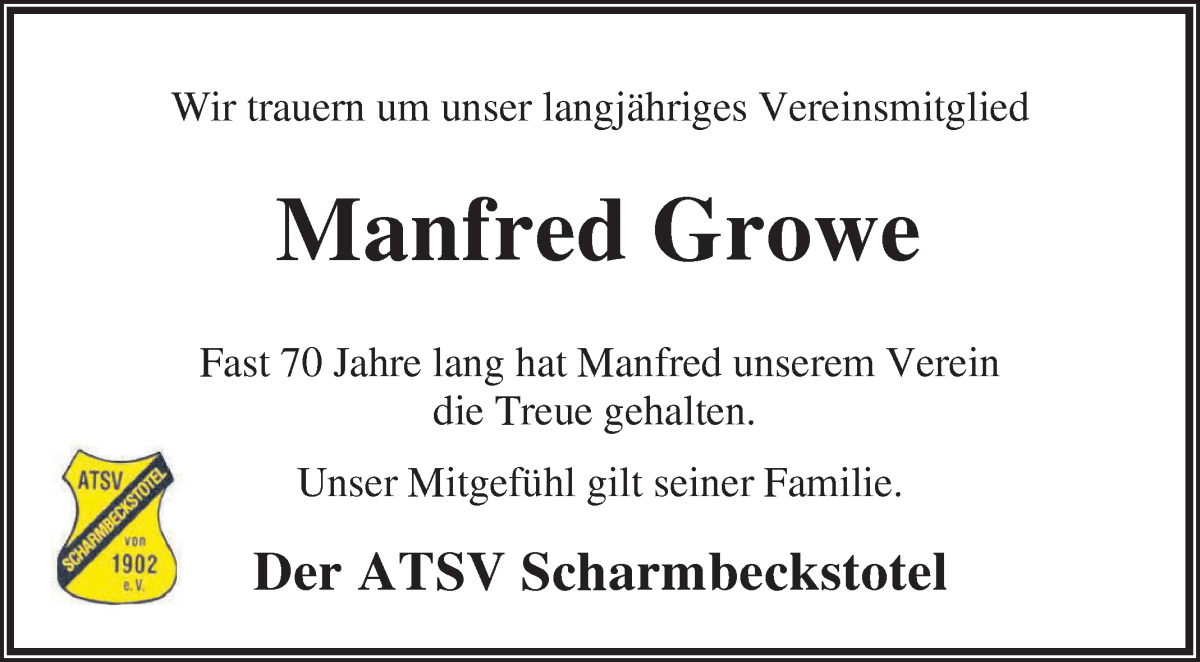 Traueranzeige von Manfred Growe von Osterholzer Kreisblatt
