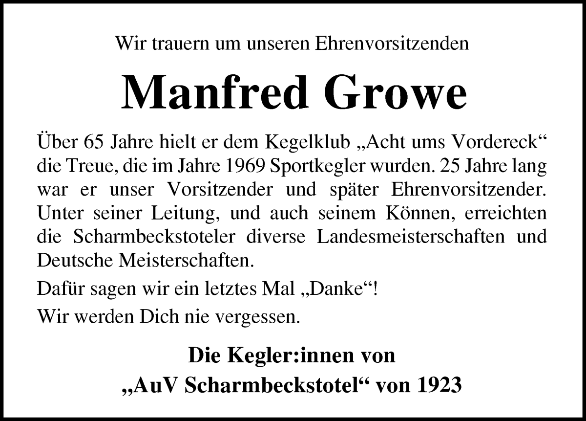 Traueranzeige von Manfred Growe von Osterholzer Kreisblatt