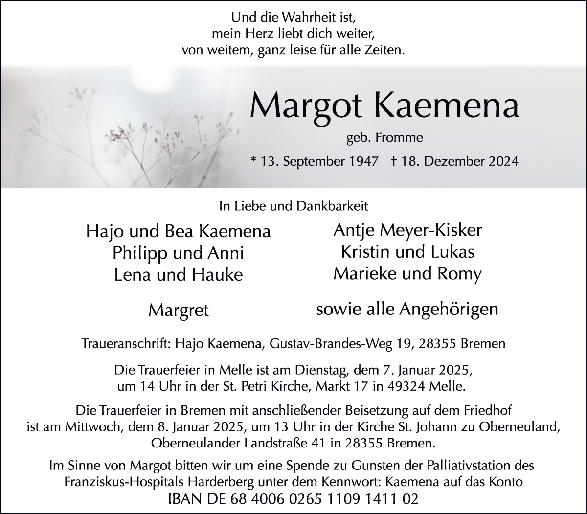 Traueranzeige von Margot Kaemena von WESER-KURIER