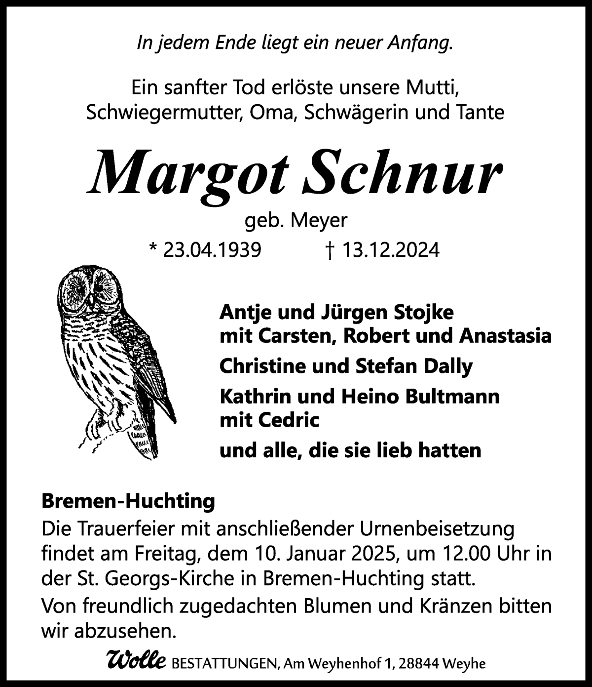 Traueranzeige von Margot Schnur von WESER-KURIER