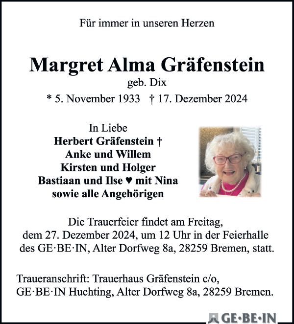 Traueranzeige von Margret Alma Gräfenstein von WESER-KURIER