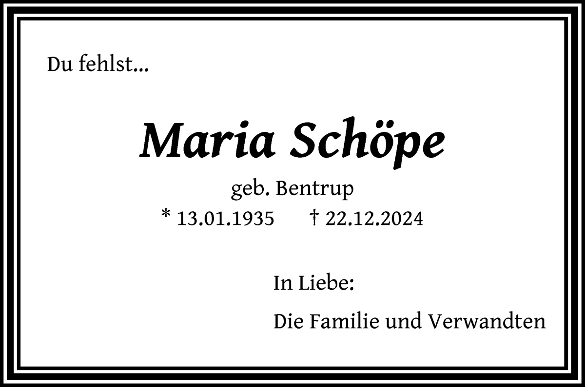 Traueranzeige von Maria Schöpe von WESER-KURIER