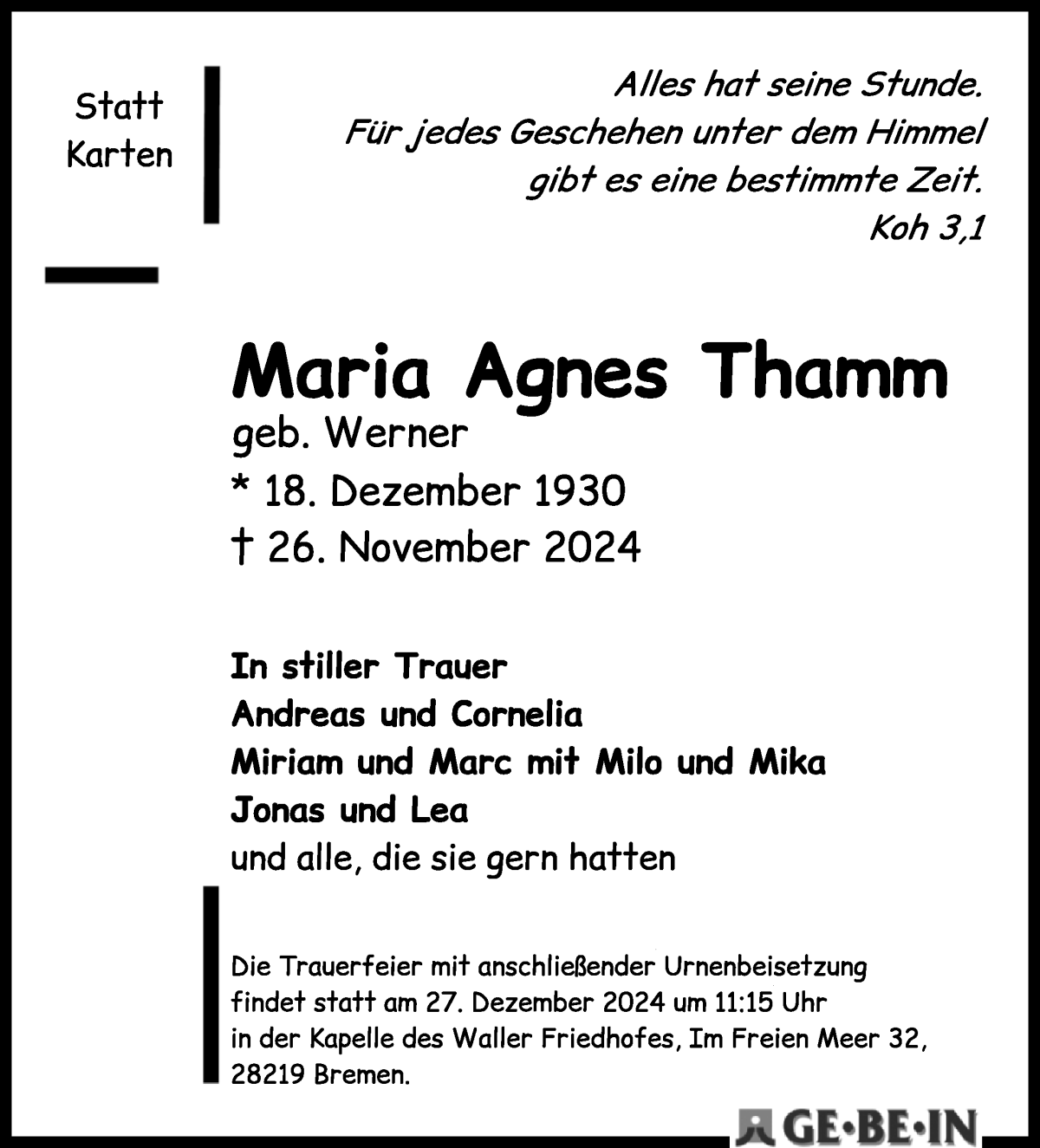 Traueranzeige von Maria Agnes Thamm von WESER-KURIER