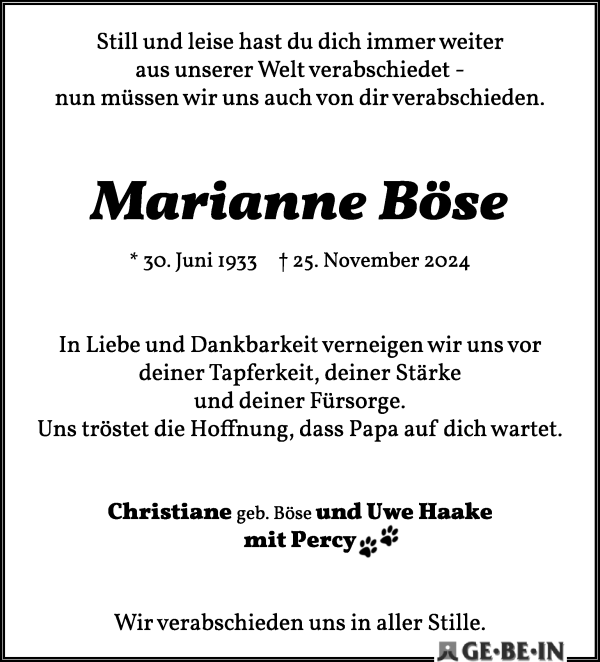 Traueranzeige von Marianne Böse von WESER-KURIER