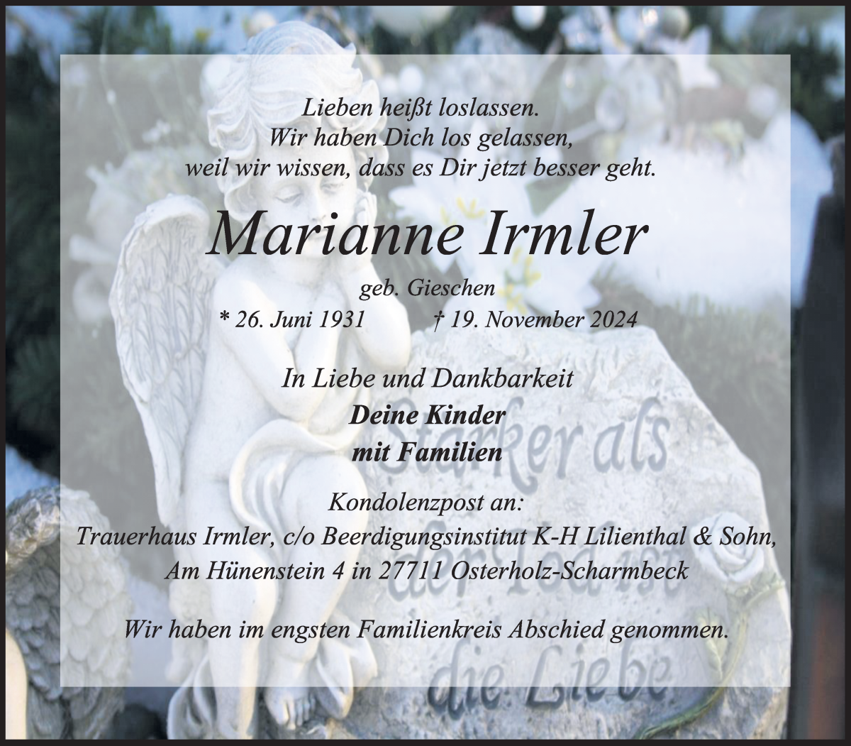 Traueranzeige von Marianne Irmler von Osterholzer Kreisblatt