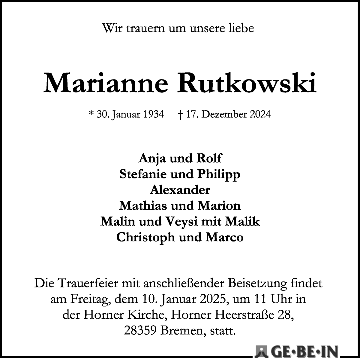 Traueranzeige von Marianne Rutkowski von WESER-KURIER