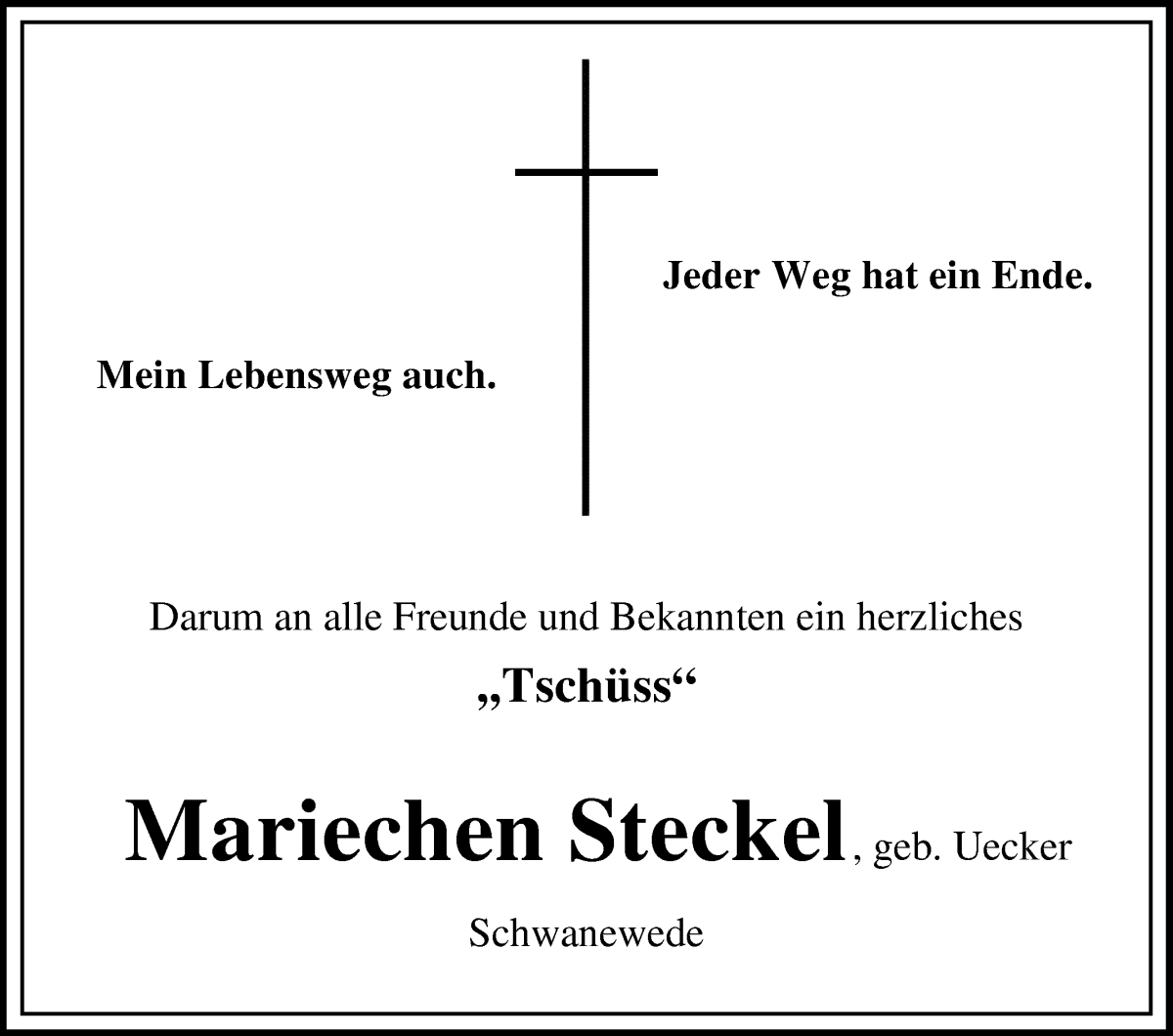 Traueranzeige von Mariechen Steckel von Die Norddeutsche
