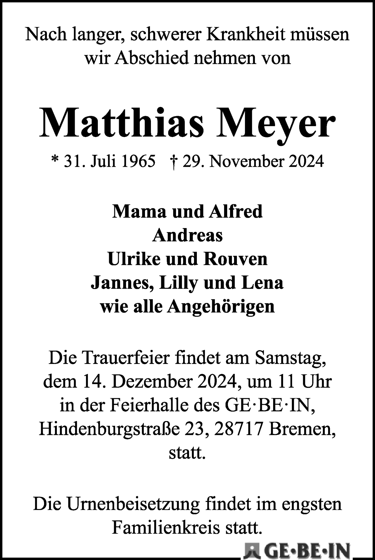 Traueranzeige von Matthias Meyer von Die Norddeutsche