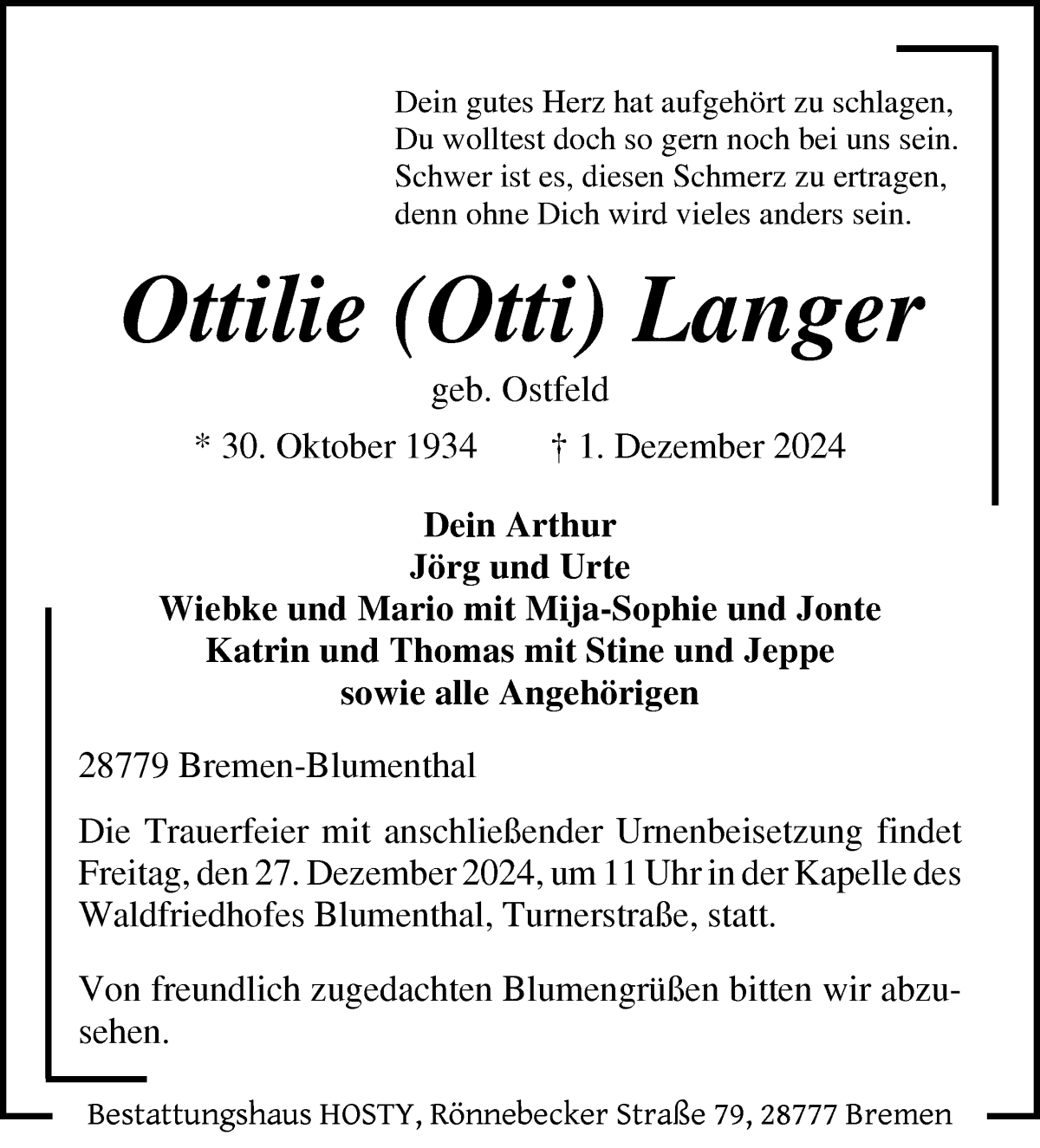 Traueranzeige von Ottilile Langer von Die Norddeutsche