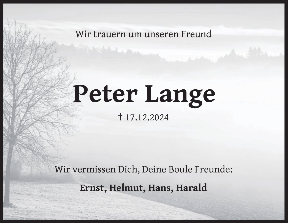 Traueranzeige von Peter Lange von Wuemme Zeitung