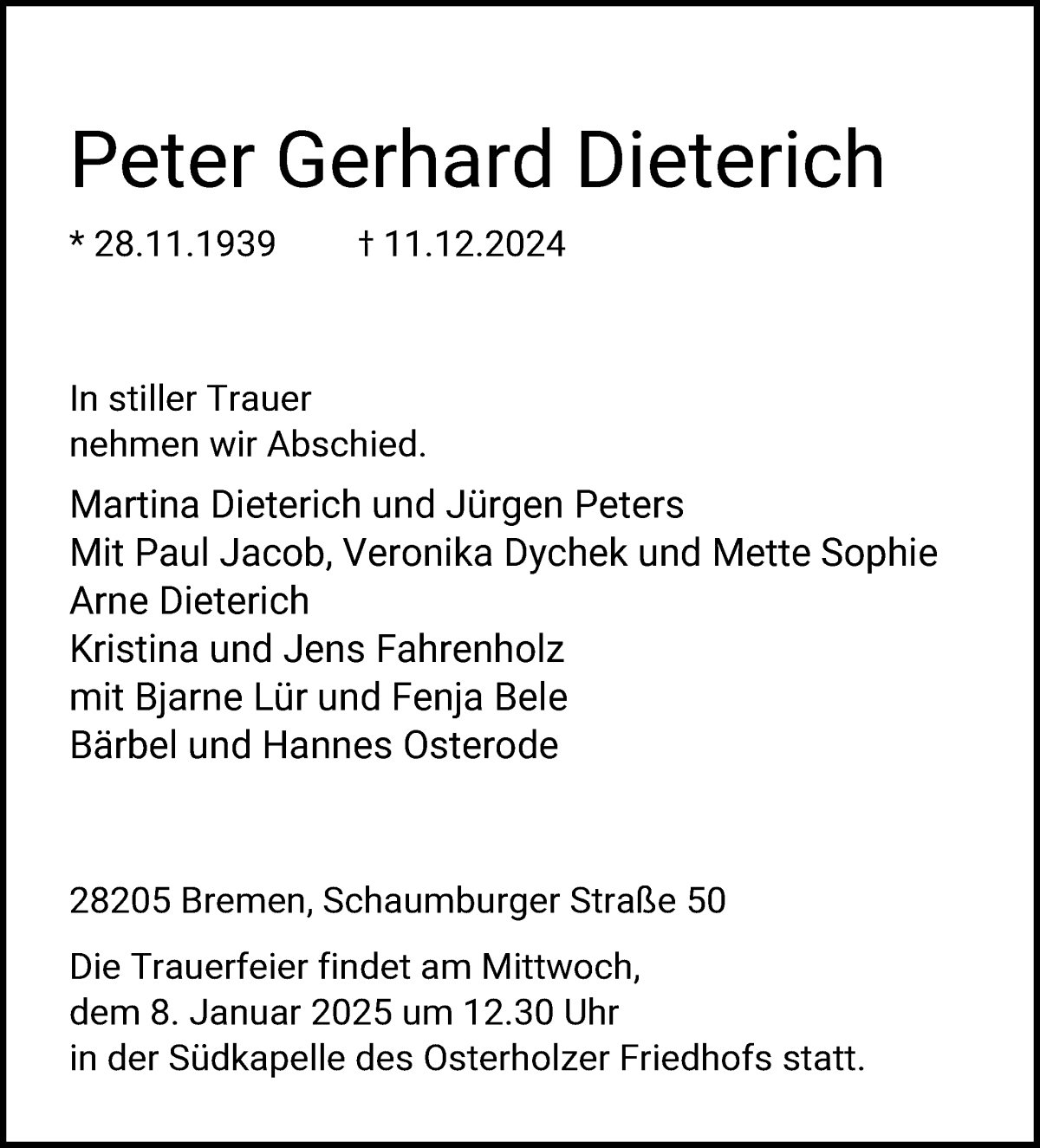 Traueranzeige von Peter Gerhard Dietrich von WESER-KURIER
