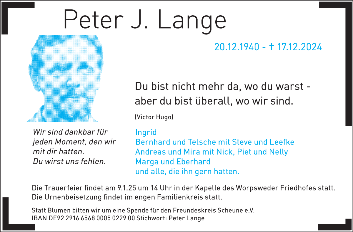 Traueranzeige von Peter J. Lange von Wuemme Zeitung