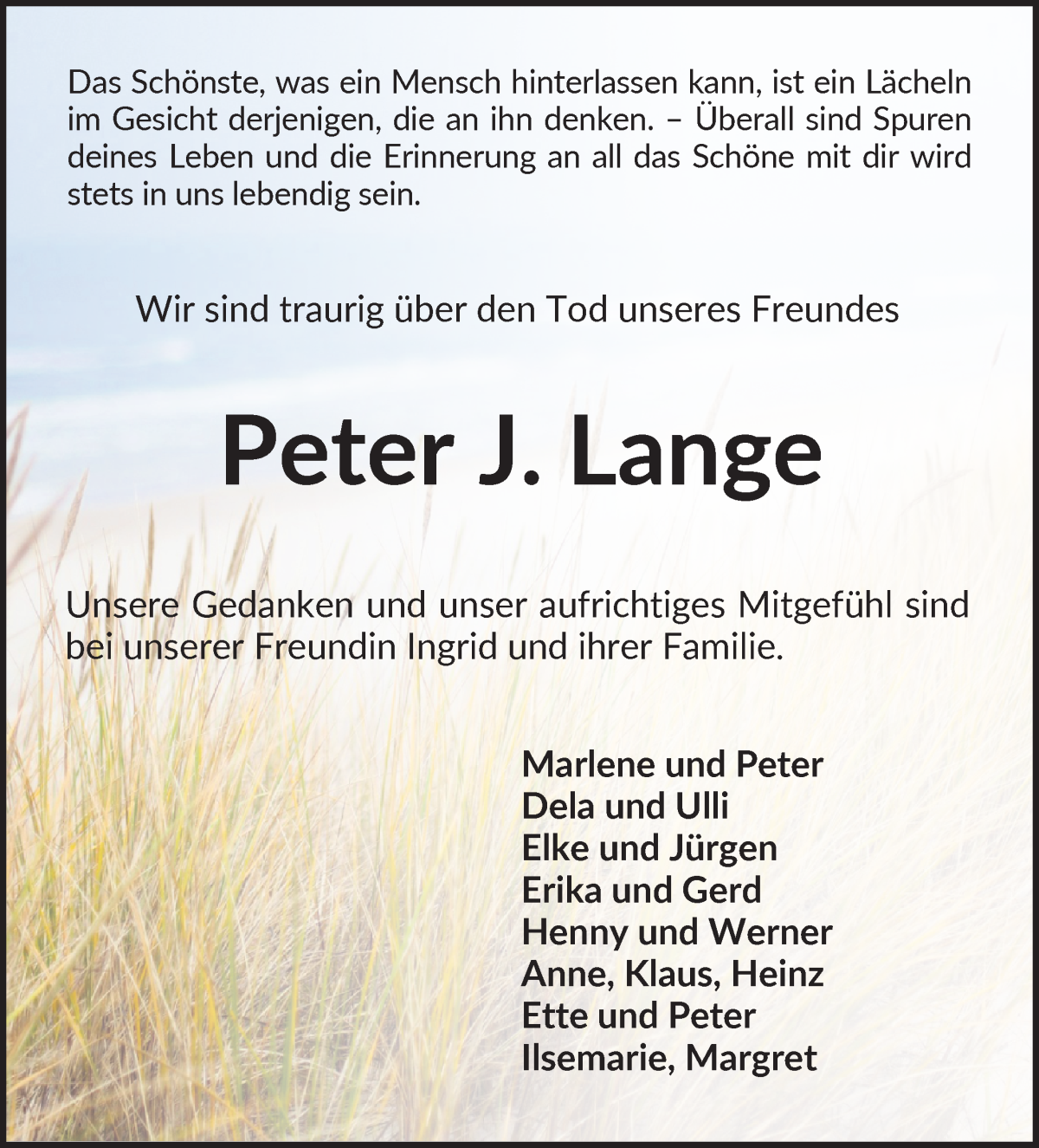 Traueranzeige von Peter J. Lange von Wuemme Zeitung