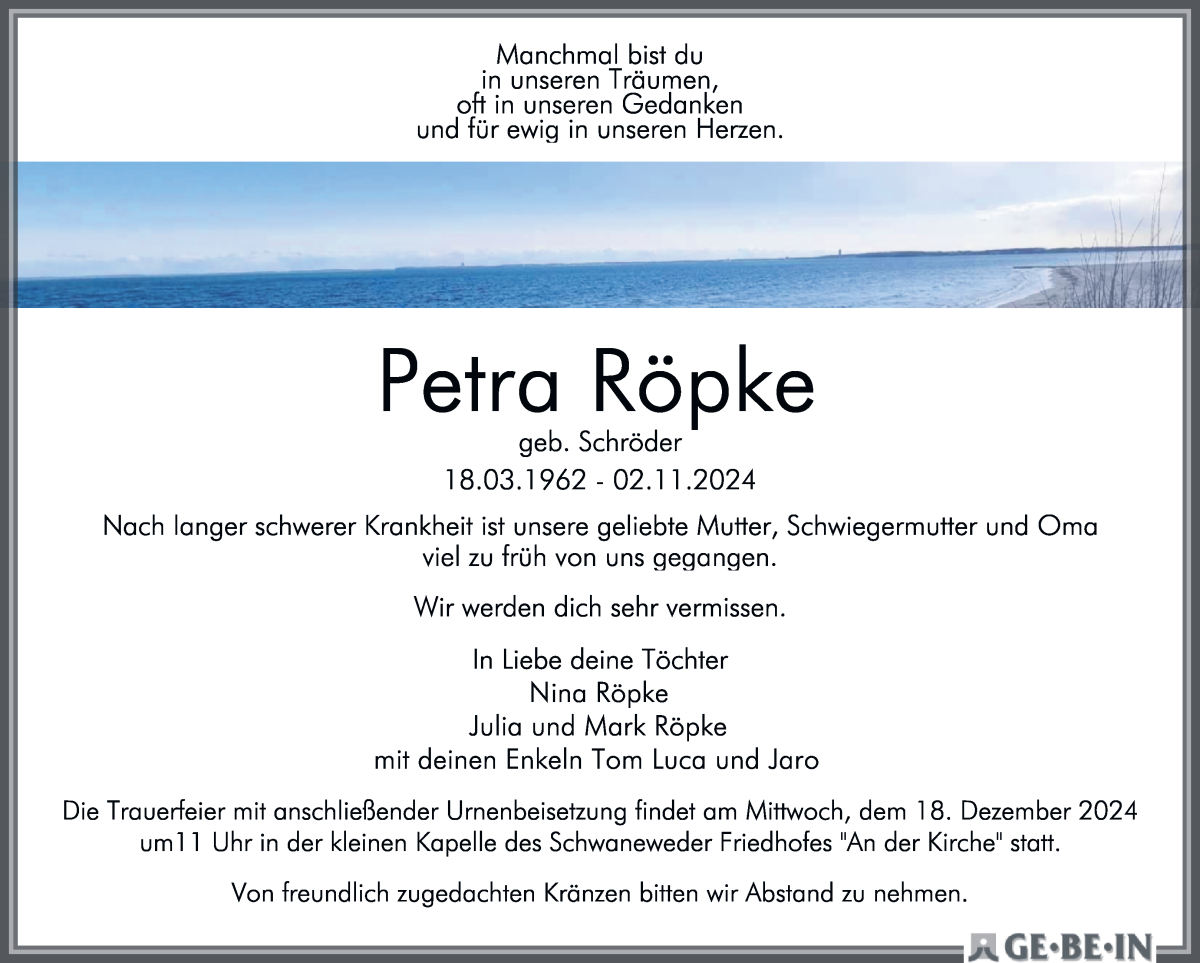 Traueranzeige von Petra Röpke von Die Norddeutsche