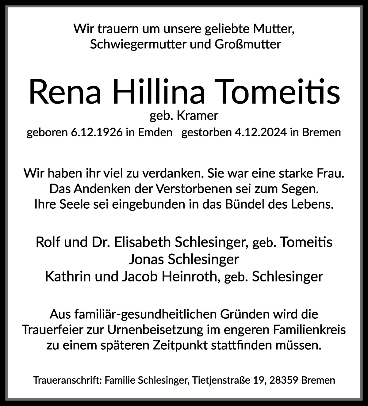 Traueranzeige von Rena Hillina Tomeitis von WESER-KURIER